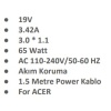 Sprange SR-L17 ACER 19V 3.42A 3.0*1.1mm 65W Laptop Adaptör Şarj Aleti