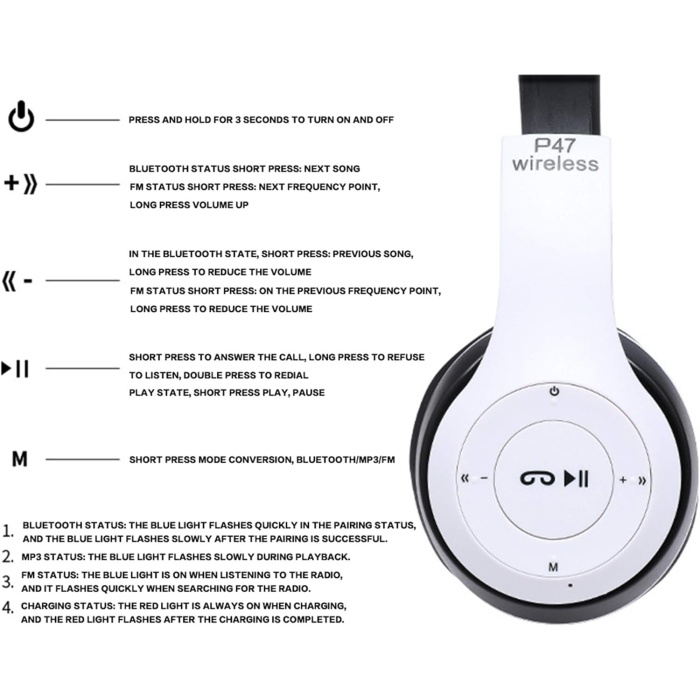 Platoon PL-2044 P47 Kablosuz Bluetooth Wireless Kulaküstü Katlanabilir Kulaklık -Beyaz