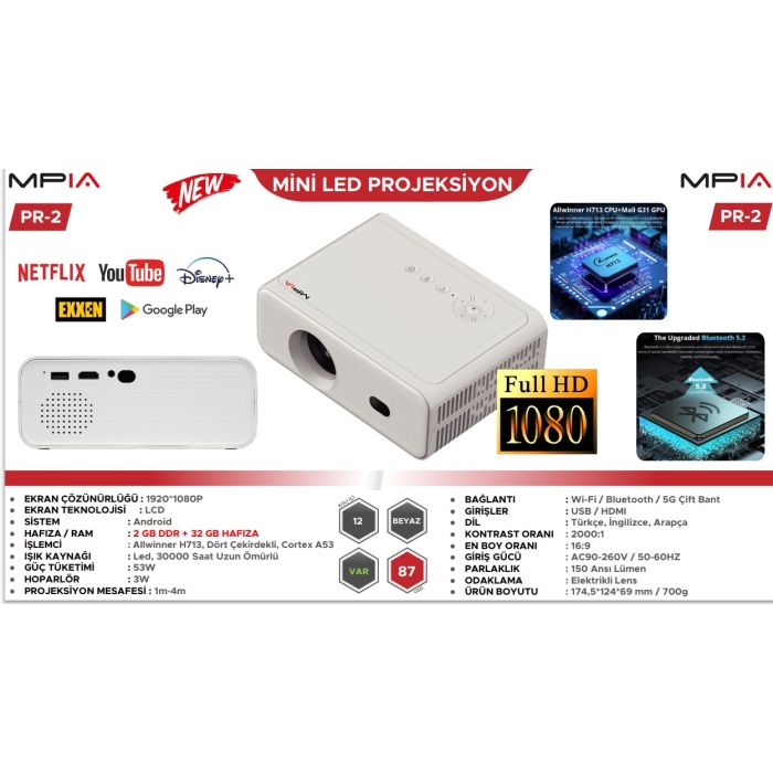 MPIA PR-2 2/32GB 1080P FULLHD Wi-Fi/Bluetooth/5G Android Cortex A53 USB/HDMI Projeksion Cihazı