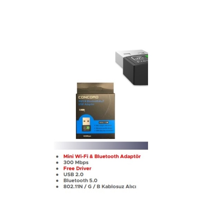 Concord W-5 Mini Wi-Fi+Bluetooth V5 Adaptör 300Mbps Free Driver N / G / B Kablosuz Alıcı
