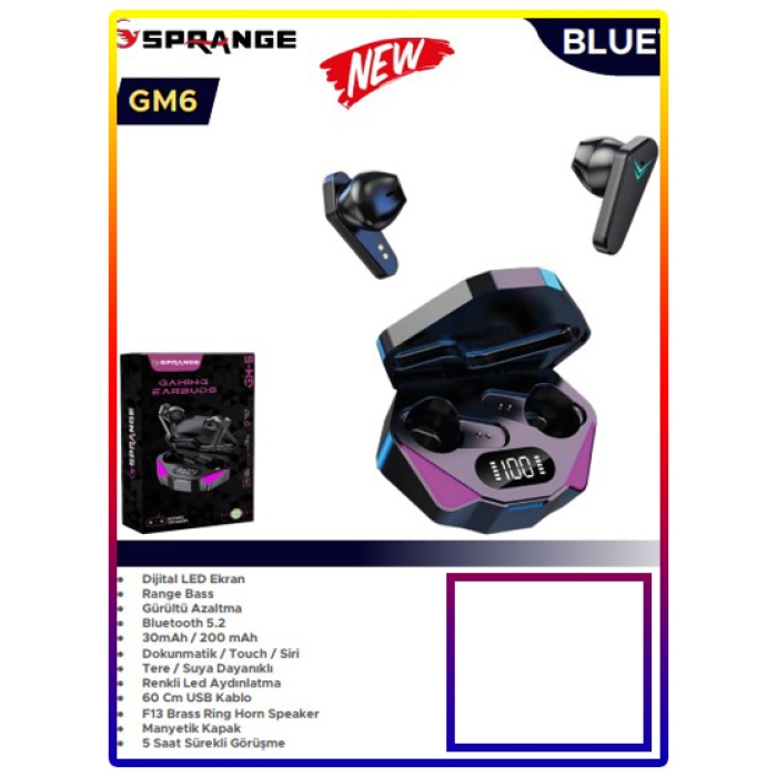 Sprange GM6 Gaming Oyuncu Range Bass Dokunmatik Touch Siri TWS Bluetooth 5.2 Kablosuz Kulaklık