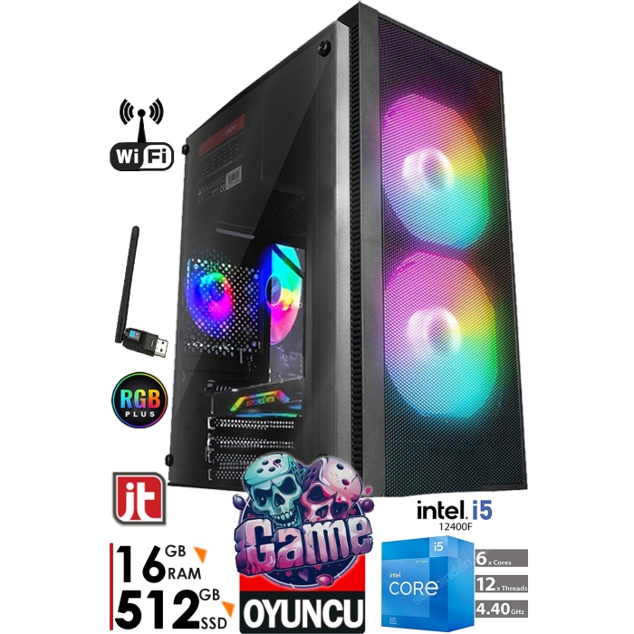 J-TECH G402 i5 12400F 16GB RAM 512GB SSD 4GB GT730 E.KARTI Oyuncu Bilgisayar Gamer Kasası