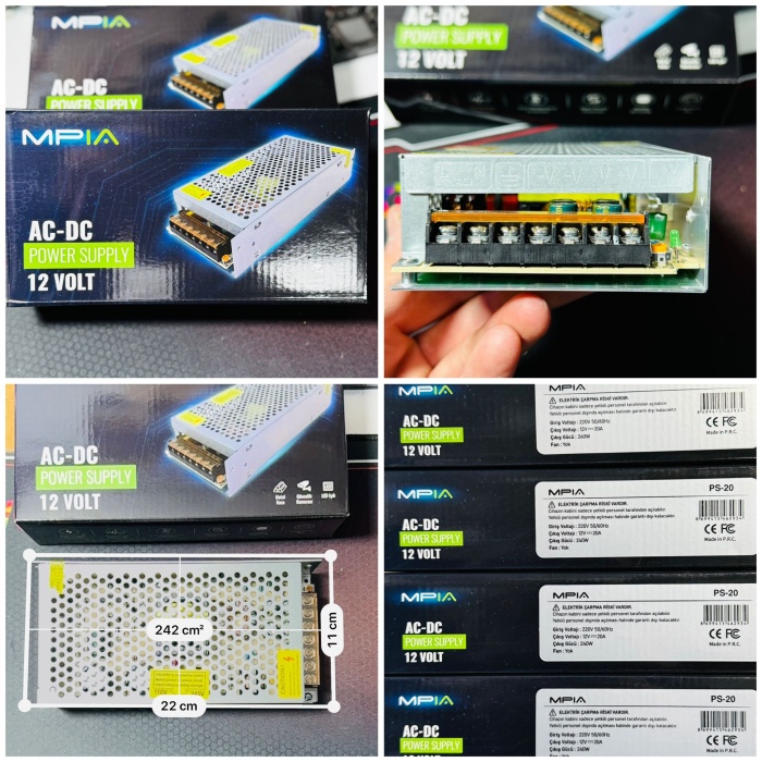 MPiA PS-20 12V 20A Amper 240W Metal Güvenlik Kamera Şerit Led Adaptör Trafo