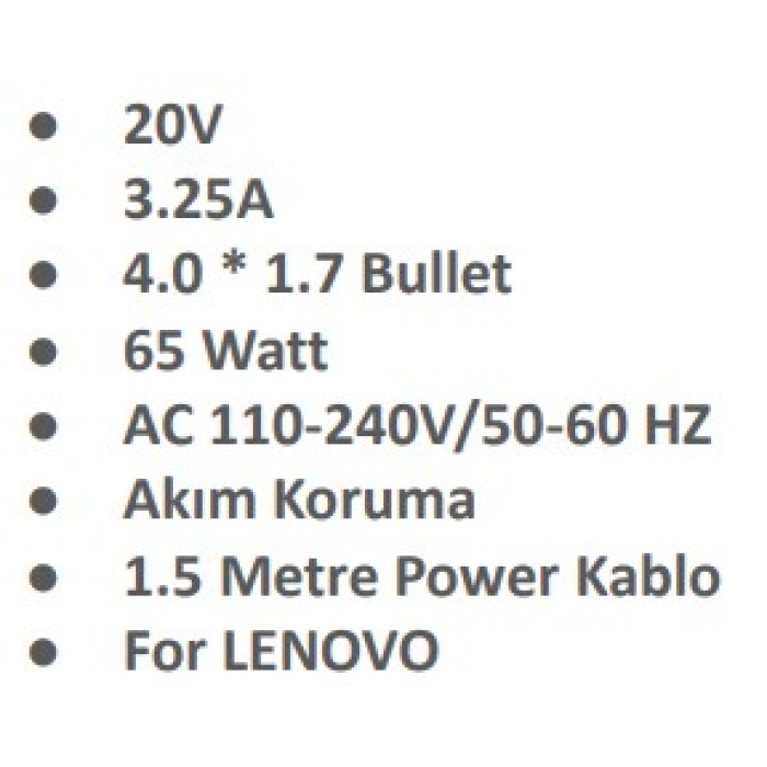 Sprange SR-L16 LENOVO 20V 3.25A 4.0*1.7mm 65W Laptop Adaptör Şarj Aleti