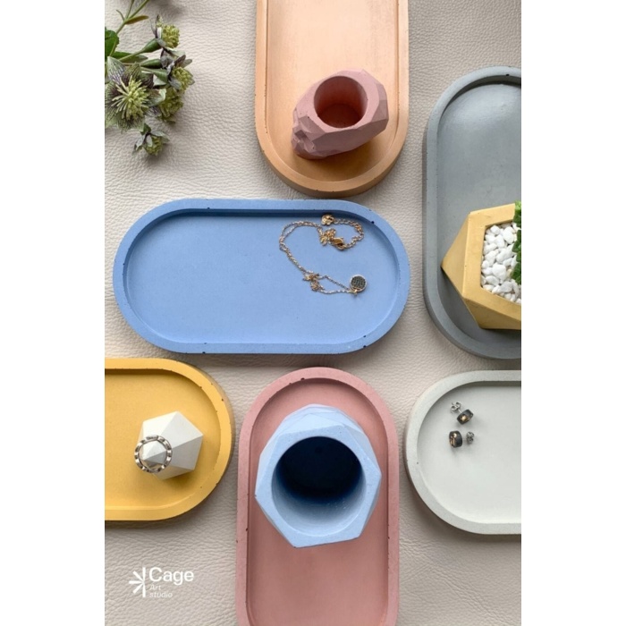 Beton Tray Mum, Takı Ve Saksı Altlığı Oval Tepsi - Beyaz