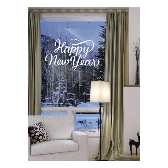 Happy New Year Temalı Vitrin Cam Sticker Beyaz Model 3 90X50 cm