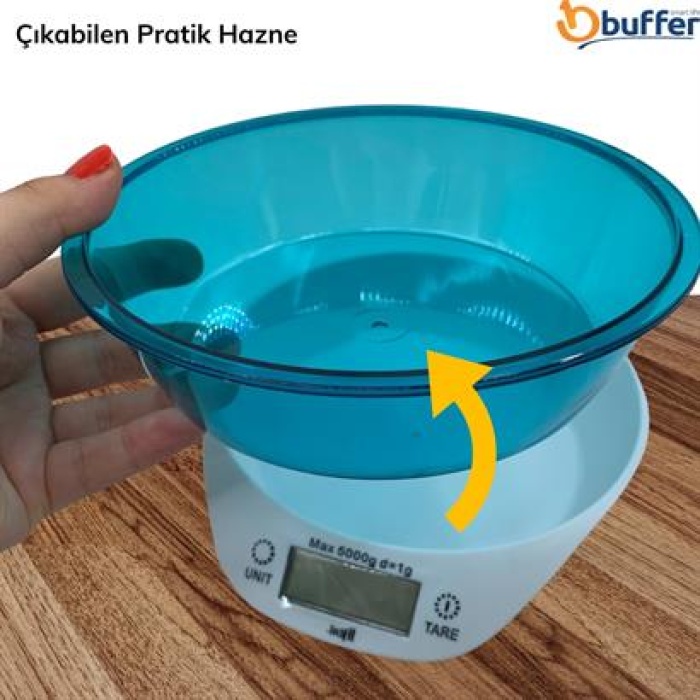 Buffer TF 1003 Hazneli Lcd Ekran Hassas Ölçüm Sensörlü 5 Kg Kapasite Dijital Mutfak Terazisi Tartısı