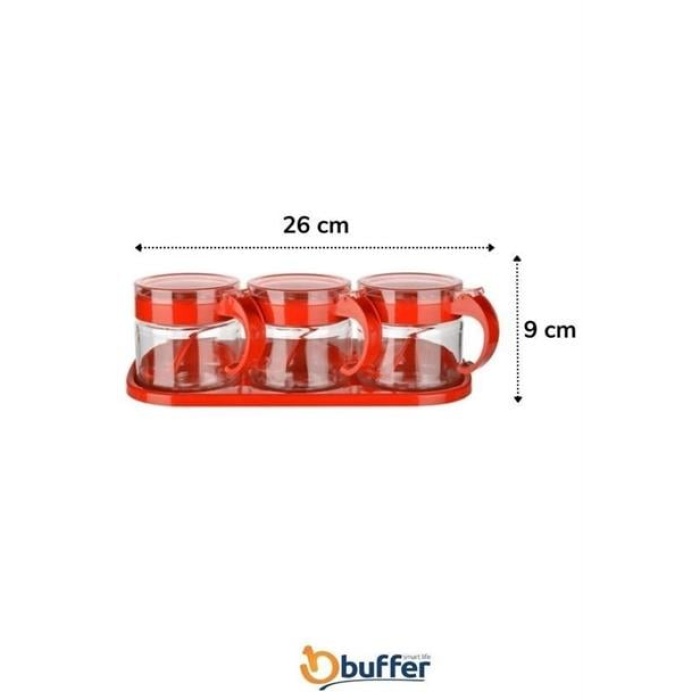 BUFFER®  Kırmızı 3lü Standlı Kapaklı Kaşıklı Cam Hava Sızdırmaz Baharatlık Takımı  KC-386