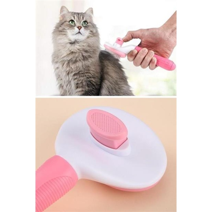 BUFFER® Kedi Köpek Tüy Toplayıcı Kendini Temizleyebilen Ergonomik Saplı Evcil Hayvan Tarağı Pembe