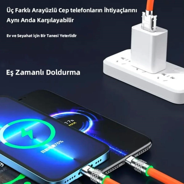 3 İn 1 Type-c + Micro Usb + Lightning Hızlı Şarj Kablosu Silikon Kablo 1 Metre Opp Ambalaj