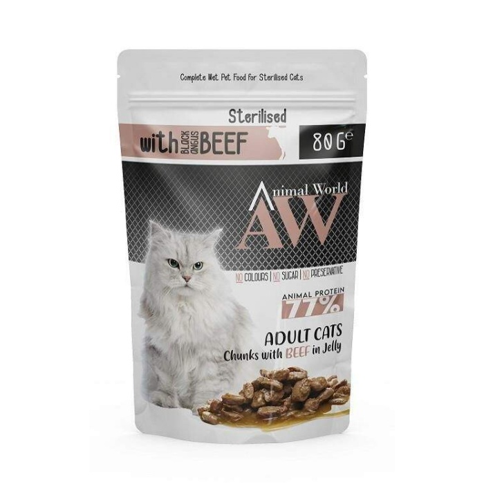 Animal World Pounch Sterilised Jöleli Parça Sığır Etli Kısırlaştırılmış Kedi Yaş Mama 80gr