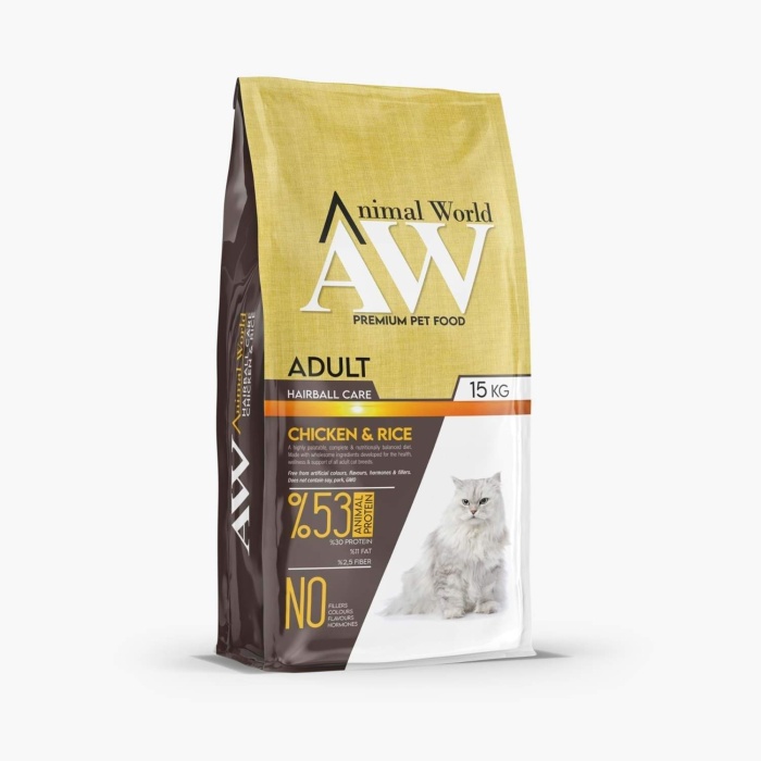 Animal World Hairball Care Tüy Yumağı Önleyici Tavuklu ve Pirinçli Yetişkin Kedi Maması 15kg