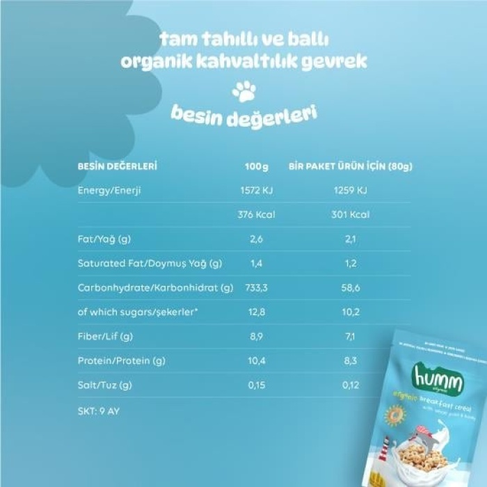 Humm Organik Tam Tahıllı ve Ballı Kahvaltılık Gevrek 80 Gr