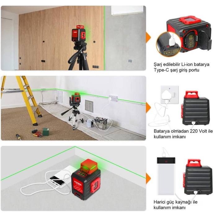 KOBB KBL33G 40M Profesyonel Li-ion Şarjlı 2x90⁰/360⁰ Otomatik Hizalamalı Yeşil Çapraz Çizgi Lazer Distomat