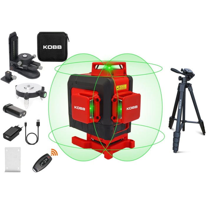 KOBB KBL35GTP Profesyonel Li-ion Şarjlı 4X360⁰ Otomatik Hizalamalı Yeşil Çapraz Çizgi Lazer Distomat+Tripod