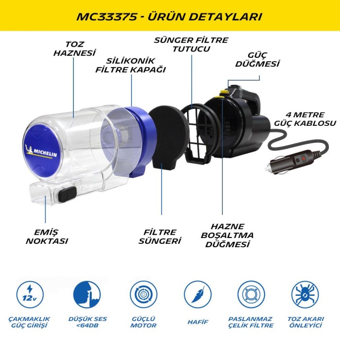 Michelin MC33375 12Volt/150Watt Araç Süpürgesi + 4 Parça Aksesuar Seti