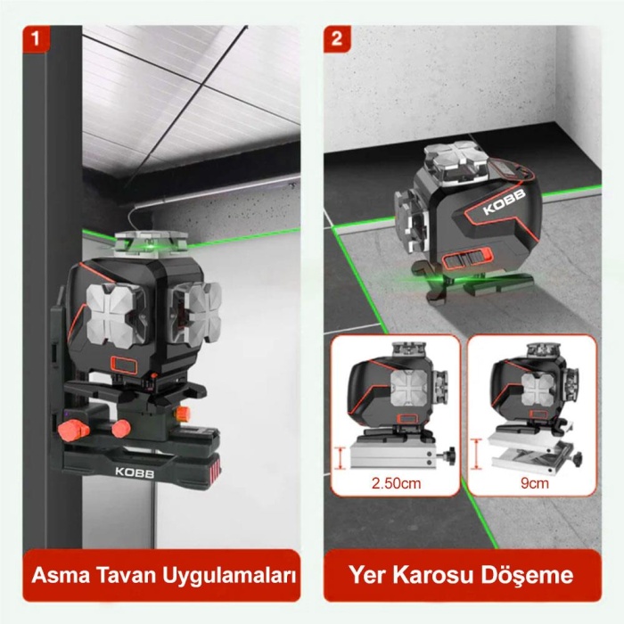 KOBB KBL36G Profesyonel Li-ion Şarjlı 4X360⁰ LCD Ekran Otomatik Hizalamalı Yeşil Çapraz Çizgi Lazer Distomat