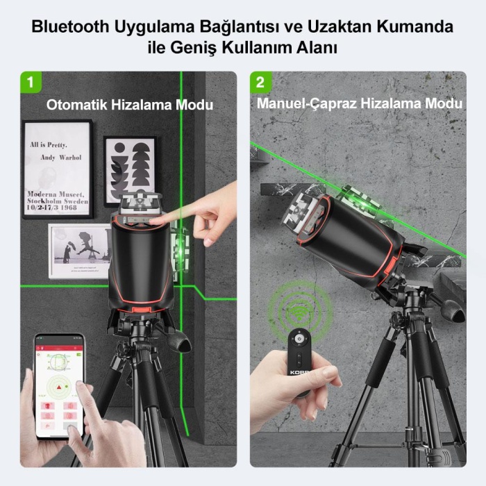 KOBB KBL36G Profesyonel Li-ion Şarjlı 4X360⁰ LCD Ekran Otomatik Hizalamalı Yeşil Çapraz Çizgi Lazer Distomat