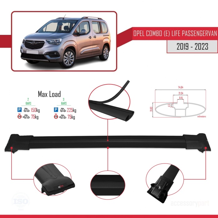 Opel Combo (E) Life PASSENGERVAN 2019-2023 Arası ile Uyumlu FLY Model Ara Atkı Tavan Barı SİYAH