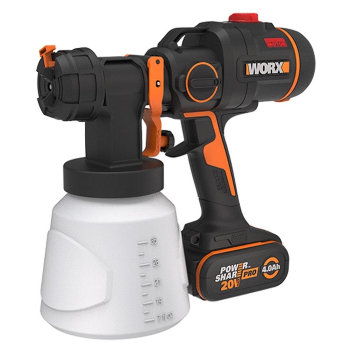 WORX WX020 20Volt 4.0Ah. Li-ion Tek Akülü Kömürsüz Devir Ayarlı Boya Tabancası + 4 Parça Yedek Nozul/Meme