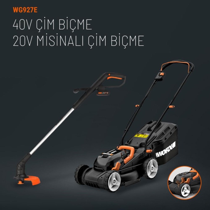 WORX WG927E 40Volt 2.0Ah. Li-ion 34cm Profesyonel Şarjlı Çim Biçme + WG157E.9 20Volt Misinalı Çim ve Kenar Kesme