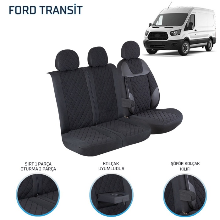 Ford Transit 2013 ve Sonrası 2+1 Ön Koltuk Kılıf Seti Alkantra Siyah Dikiş