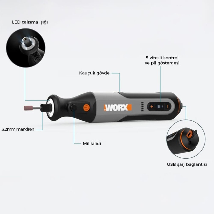 WORX WX106 8Volt Kalem Tipi Devir Ayarlı Profesyonel Gravür Makinesi + 21 Parça Aksesuar