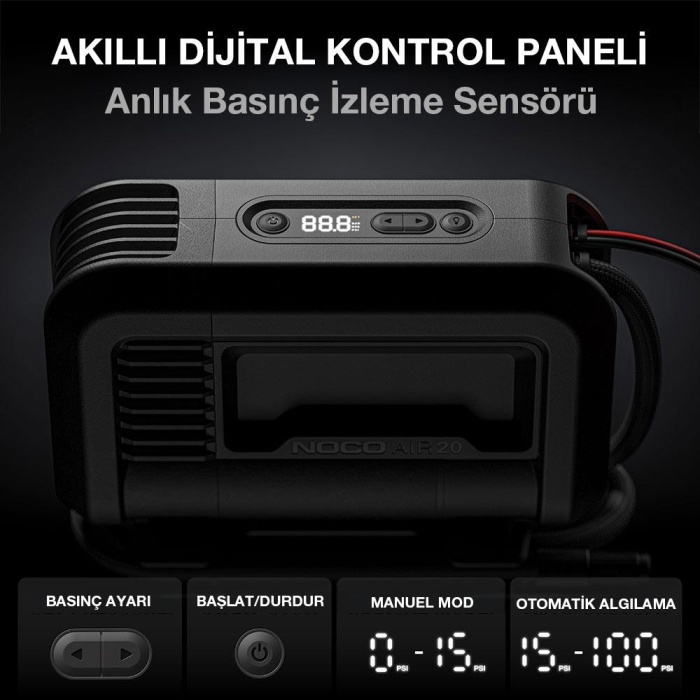 NOCO AIR20 12Volt Akü Bağlantı Maşalı 100 PSI Ayarlanabilir Dijital Basınç Göstergeli Profesyonel Lastik Şişirme Pompası