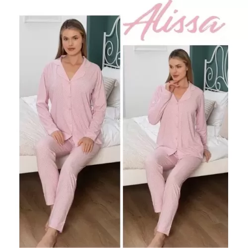 Alissa 6139 Kadın Pembe Uzun Kol Patlı Pijama Takımı