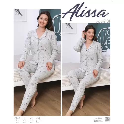 Alissa 6130 Kadın Gri Yıldızlı Uzun Kol Patlı Pijama Takımı