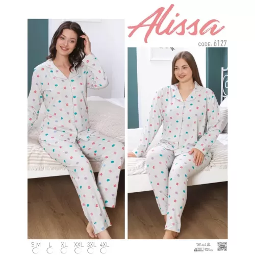 Alissa 6127 Kadın Gri Puanlı Uzun Kol Patlı Pijama Takımı