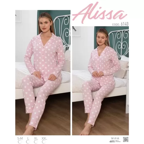 Alissa 6140 Bayan Pudra Puanlı Patlı Uzun Kol Pijama Takımı