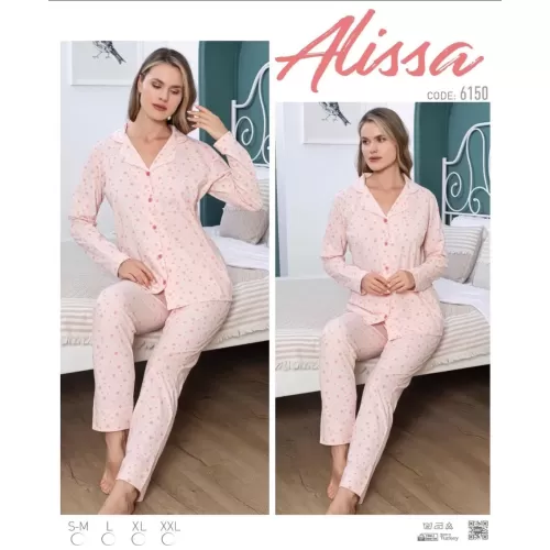 Alissa 6150 Bayan Somon Yıldızlı Patlı Uzun Kol Pijama Takımı