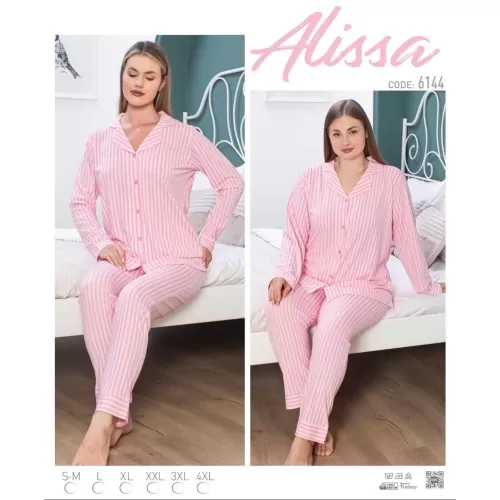 Alissa 6144 Bayan Pembe Çizgili Patlı Uzun Kol Pijama Takımı