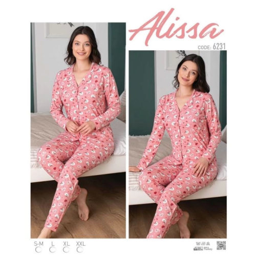 Alissa 6231 Bayan Önü Düğmeli Kedi Desenli Pijama Takımı