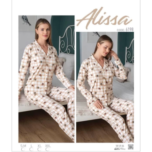 Alissa 6198 Bayan Önü Düğmeli Ayıcık Desenli Uzun Kol  Pijama Takımı