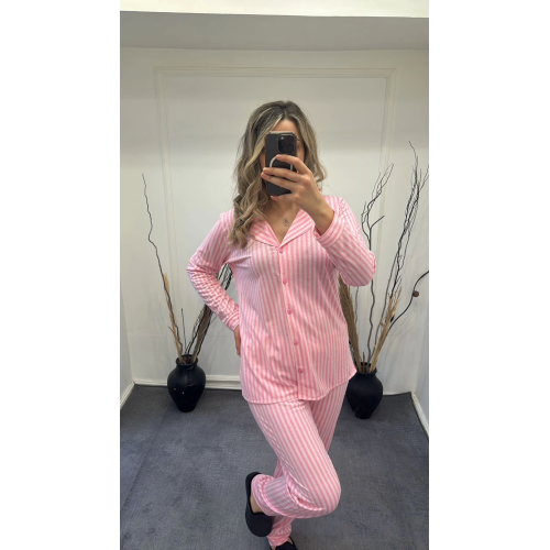 Alissa 6193 Bayan Önü Düğmeli Çizgili Pijama Takımı