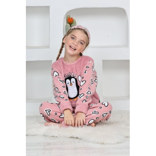 Kapitex 4992 Kız Çocuk Penguenli Polar Uzun Kol Pijama Takımı