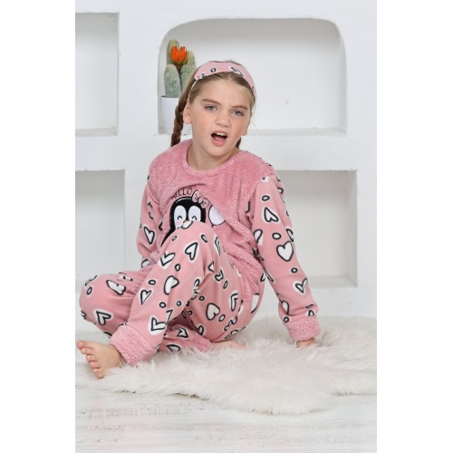 Kapitex 4992 Kız Çocuk Penguenli Polar Uzun Kol Pijama Takımı