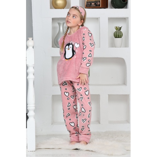 Kapitex 4992 Kız Çocuk Penguenli Polar Uzun Kol Pijama Takımı