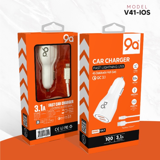 V41 Lightning (ios) Pd & Usb Girişli Araç Hızlı Şarj Cihazı Araba Şarj Aleti