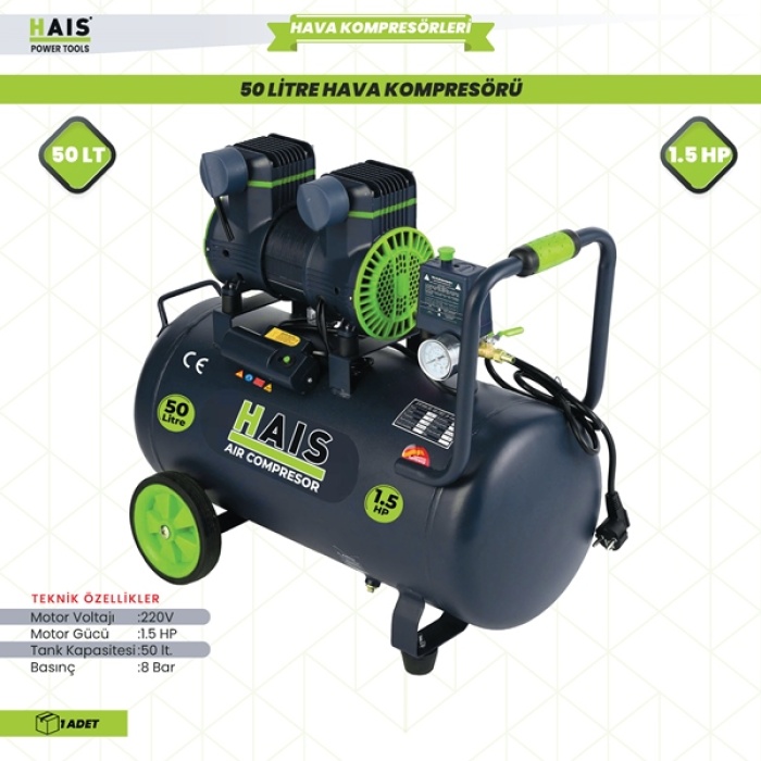 SESSİZ HAVA KOMPRESÖRÜ 50 LİTRE 1,5 HP HAIS