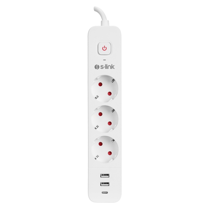 S-link SPG03TC 2 Usb+1Type C 1.5mt 100 yüzde  Bakır 750 Joule 3lü Anahtarlı Akım Korumalı Beyaz Priz