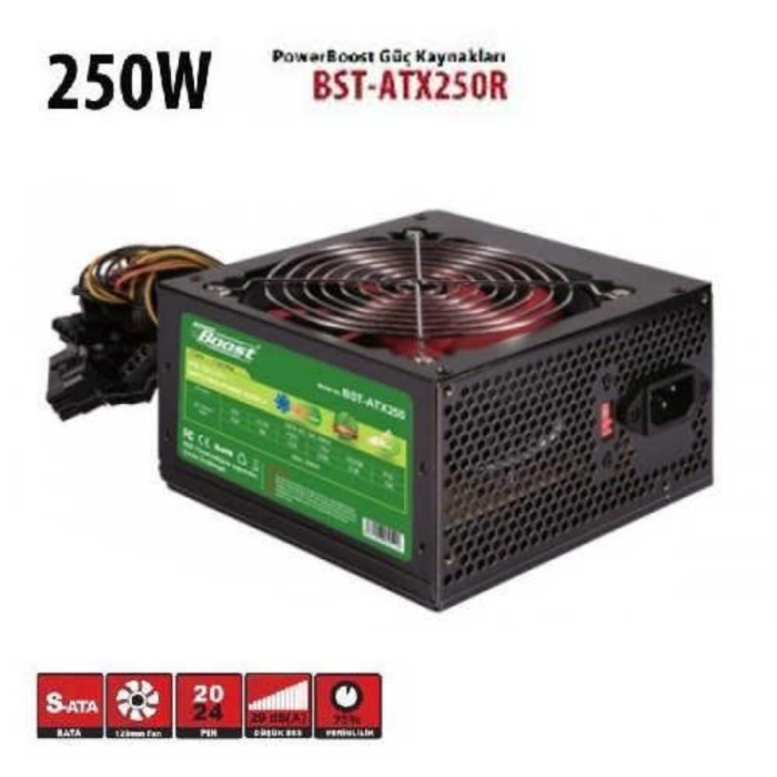 PowerBoost BST-ATX250R 250w, PPFC 12cm Kırmızı Fanlı ATX PSU (Retail Box)