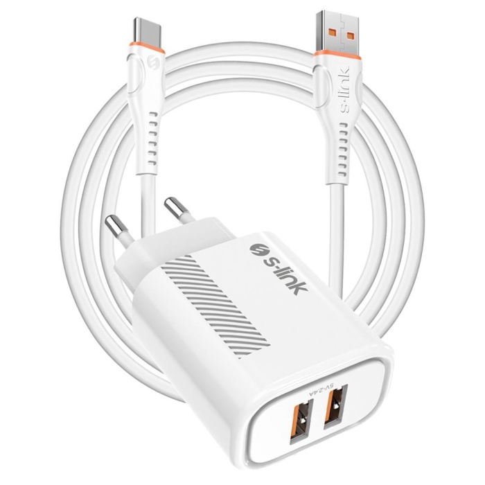 S-link SL-EC50 (SL-EC50T) 5V 2400MA Type-C Kablolu 2 USB Çıkışlı Beyaz Ev Şarj Adaptörü