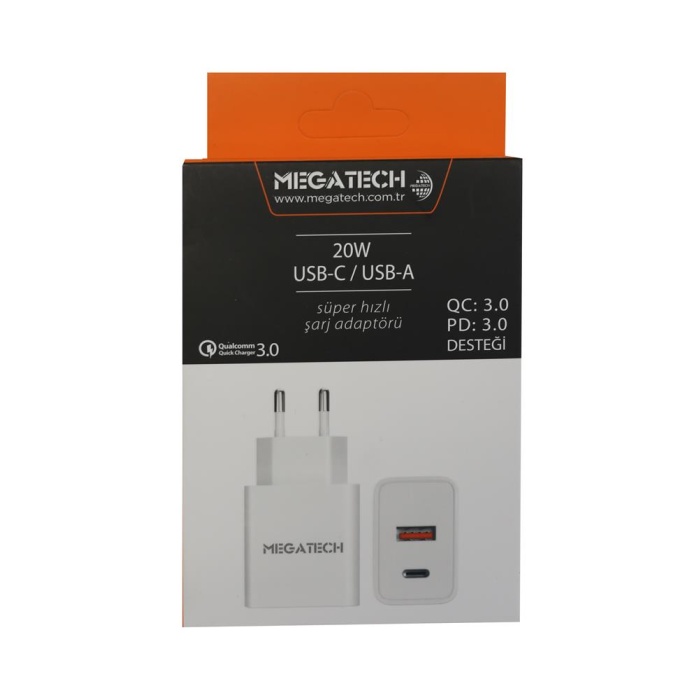 Megatech 20w Beyaz USB-C USB-A  Şarj Kafa QC:3.0-PD:3.0