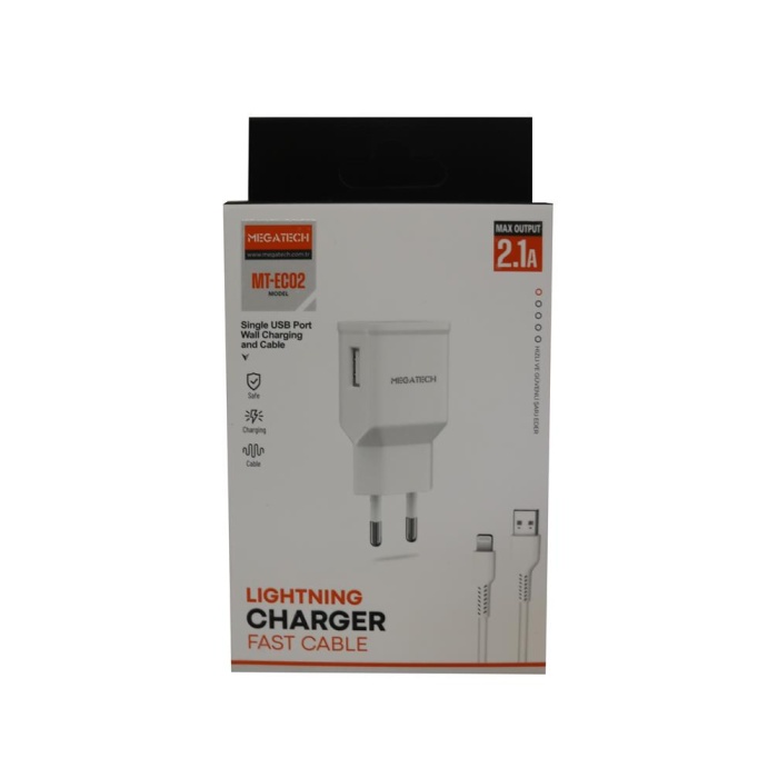 Megatech EC02 MODEL 2.1A Lightning Usb Kablo + Ev Şarj Adaptörü Hızlı Şarj