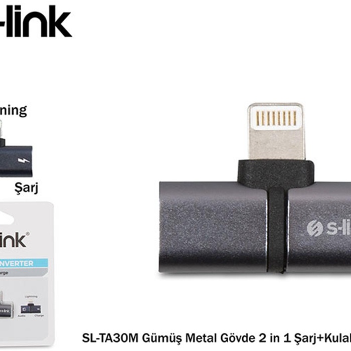 S-link SL-TA30M Lightning Gümüş Metal Gövde 2 in 1 Şarj+Kulaklık Çevirici