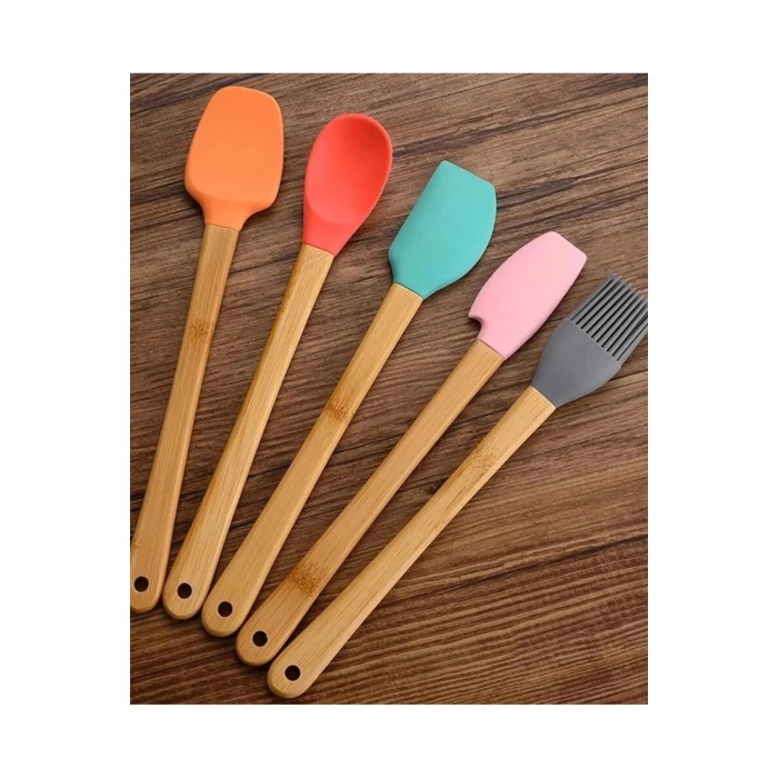 5 Li Renkli Ahşap Saplı Silikon Uçlu Spatula Fırçalı Kaşık Seti -Yemek Hazırlık Seti 21 Cm