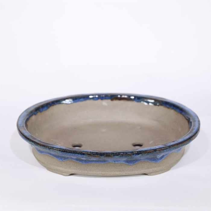 Sırlı Oval Bonsai Saksısı No.6 Mavi Akıtmalı (32 cm)
